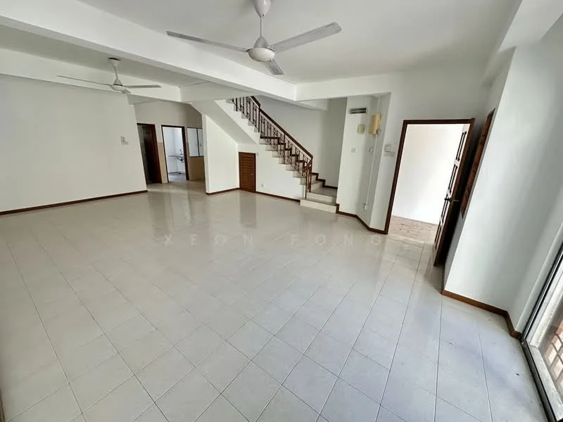 Living features: white painted walls, ceramic tile flooring, 2 ceiling fans, staircase with wooden railing, large sliding glass door, natural light from windows, open layout, corner for potential dining area, neutral color scheme; style: modern.