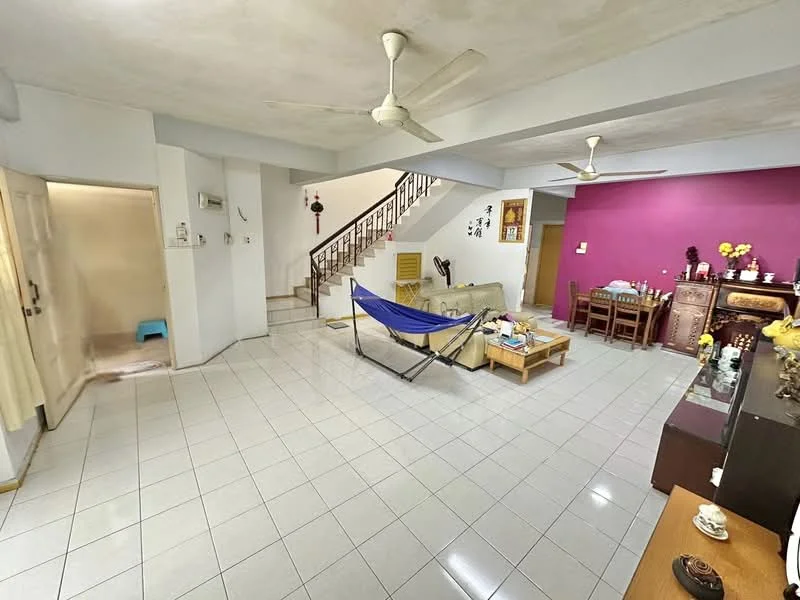 Living features: white painted walls, pink accent wall, ceramic tile flooring, ceiling fan, sofa, coffee table, dining table with chairs, decorative items on shelves, staircase, hammock, wall-mounted decor; style: modern. Room features: doorway to hallway, staircase leading to upper floor.