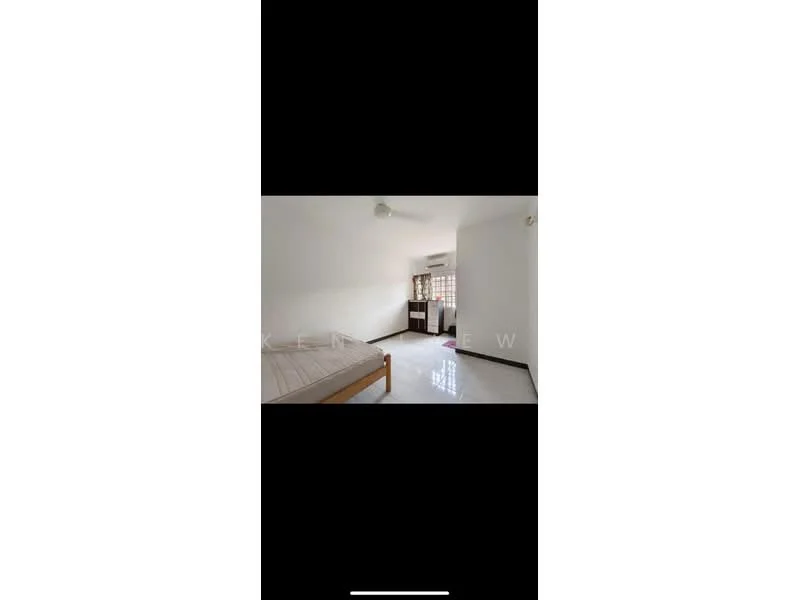Bedroom features: single bed frame, white walls, marble flooring, ceiling fan, window with grille, built-in wardrobe, natural light from window.