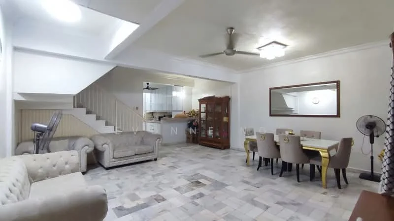 Living features: cream painted walls, marble flooring, 5-blade ceiling fan with light, sofa with tufted upholstery, armchair with fabric upholstery, wooden dining table, upholstered dining chairs, decorative mirror, wall-mounted fan, staircase with wooden railing; style: modern.