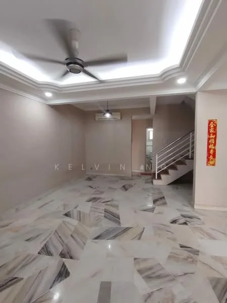 Living features: marble flooring, white painted walls, tray ceiling, 5-blade ceiling fan, recessed downlights, staircase, window with natural light, decorative wall trim; style: modern.