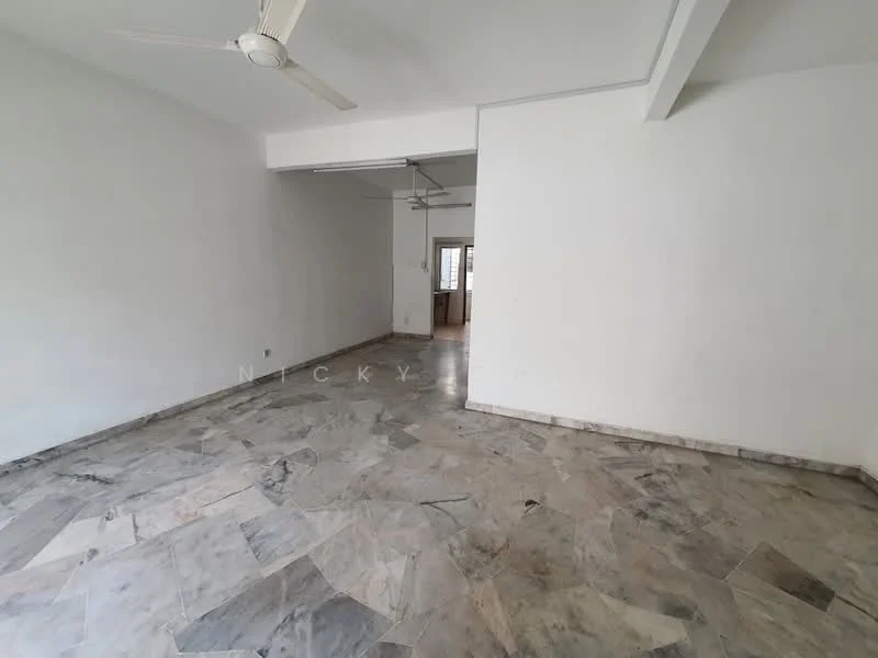 Room features: white painted walls, marble flooring, ceiling fan, open layout, large windows, natural light, no visible furniture, neutral color scheme.