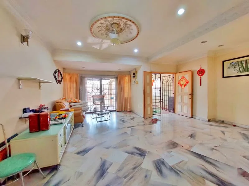 Living features: marble tile flooring, cream painted walls, tray ceiling with decorative moulding, 5-blade ceiling fan with light, large windows with sheer curtains, sliding glass door, decorative wall art, reclining chair, sofa with cushions, coffee table, open shelving unit, wall-mounted decorative items; style: contemporary; view: garden.