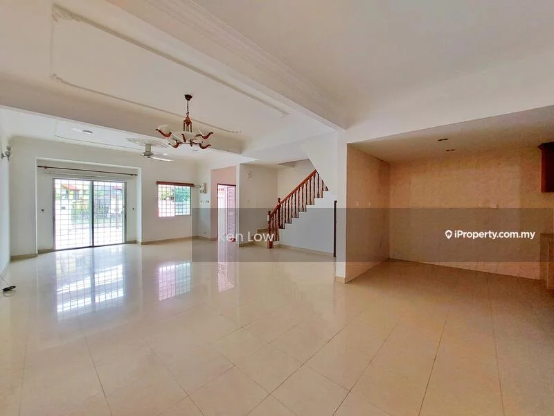Living features: cream painted walls, white ceiling with crown moulding, marble tile flooring, 5-blade ceiling fan with light, floor-to-ceiling windows, sliding glass door, staircase with wooden railing, open layout, natural light from windows, wall-mounted AC unit; style: modern; view: garden. Room features: cream painted walls, white ceiling, marble tile flooring.
