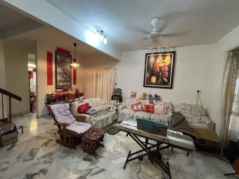 Living features: marble flooring, white painted walls, ceiling fan, recessed downlights, sofa with floral upholstery, rocking chair, coffee table, keyboard on stand, decorative artwork, curtains, plush toys, area rug; style: traditional. Dining features: dining table with chairs, red decorative items, wall-mounted artwork; style: traditional.