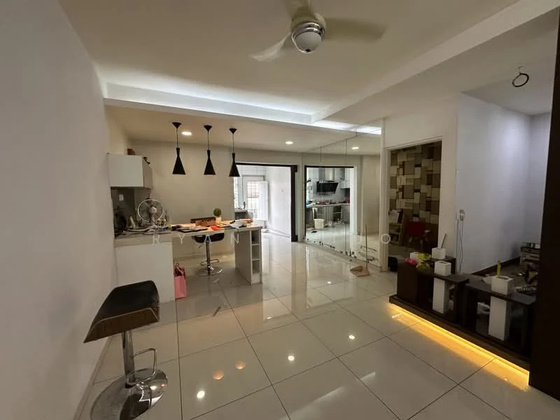 Living features: white painted walls, glossy white tile flooring, recessed downlights, ceiling fan, bar stool at kitchen counter, open-plan layout, decorative wall with geometric pattern, glass partition, dining area visible in background, kitchen area with cabinetry; style: modern.
