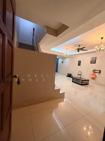 Room features: white painted walls, polished tile flooring, tray ceiling with recessed lighting, ceiling fan, chandelier, staircase, wall-mounted TV, decorative wall art, open space layout; style: modern.
