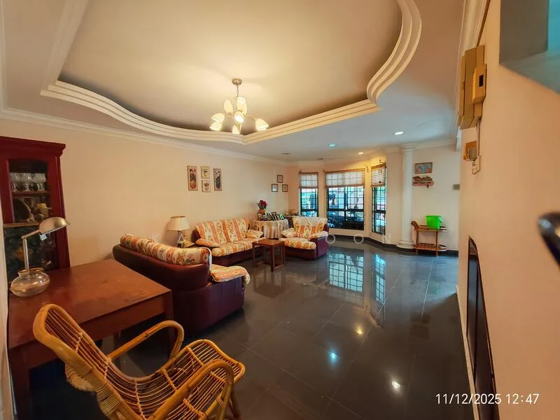Living features: cream painted walls, tray ceiling with decorative molding, black polished tile flooring, 3-seater fabric sofa in beige, 2-seater fabric sofa in beige, wooden coffee table, wooden side table, floor-to-ceiling windows with sheer curtains, ceiling light fixture, decorative wall art, houseplants in ceramic pots, built-in shelving unit, window treatments, recessed lighting; style: contemporary.