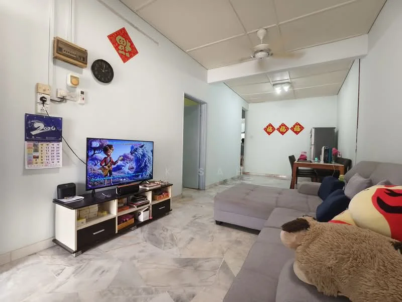 Living features: grey L-shape sectional sofa, coffee table, wall-mounted TV, TV console with storage, marble tile flooring, white painted walls, ceiling fan, decorative wall clock, calendar on wall, red decorative wall hangings; style: modern. Dining features: 4-seater dining table, wooden dining chairs; style: modern.