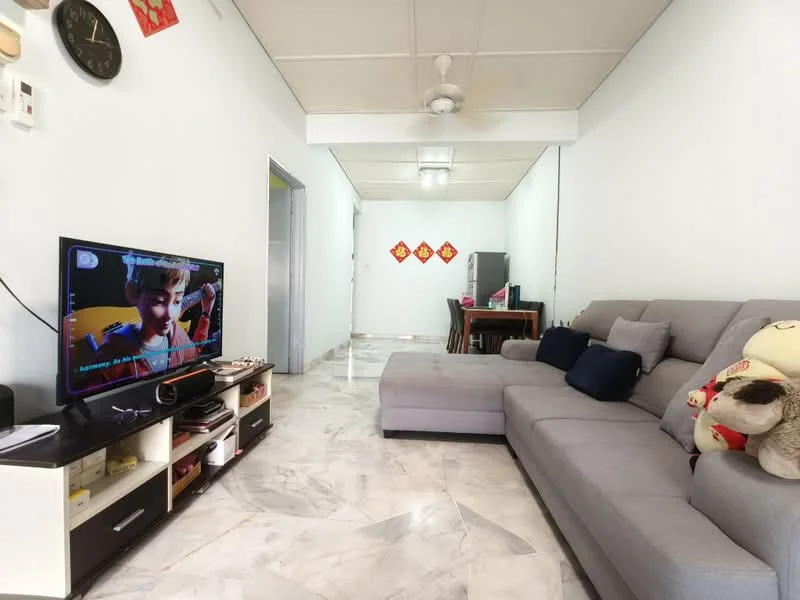 Living features: grey fabric sectional sofa, marble flooring, wall-mounted TV, TV console with storage, ceiling fan, decorative wall clock, mirror on wall, area rug, decorative cushions, wall with light blue paint; style: modern. Room features: dining table, additional seating area, light-colored walls, open layout.