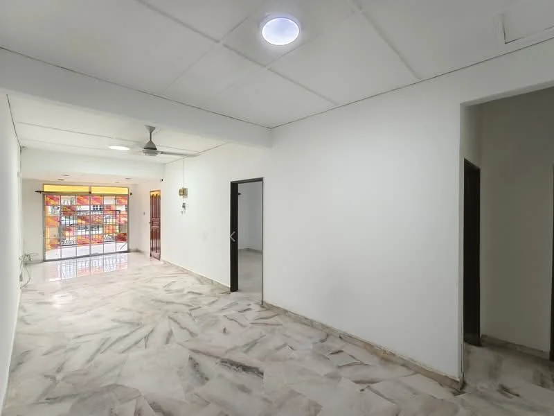 Room features: white painted walls, marble flooring, recessed ceiling lights, ceiling fan, doorway leading to another room, large window with stained glass, open layout, neutral color scheme; style: modern.