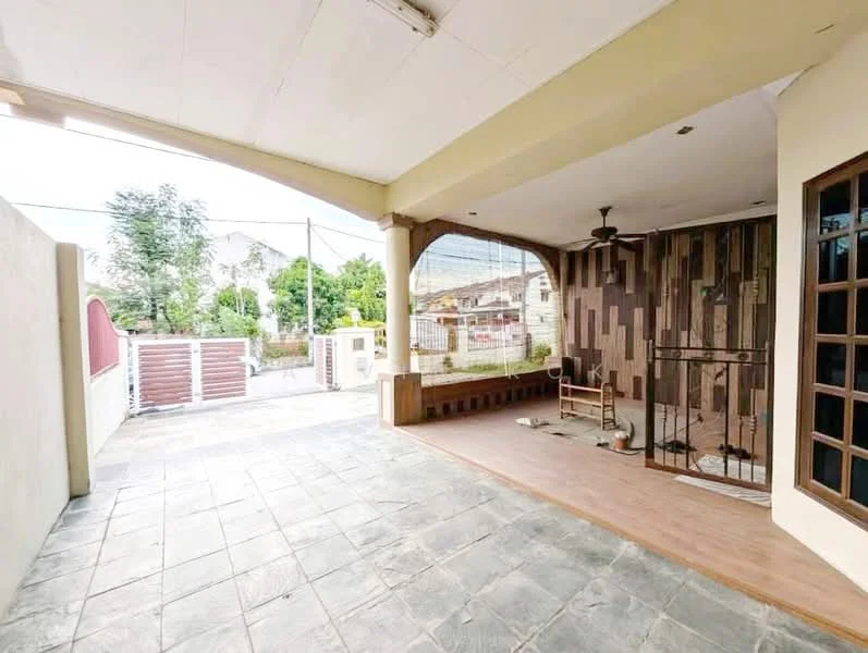 Room features: exposed wooden wall, grey tiled flooring, ceiling fan, arched window, wooden railing, open layout, natural light from large window, outdoor view; style: modern; view: garden.