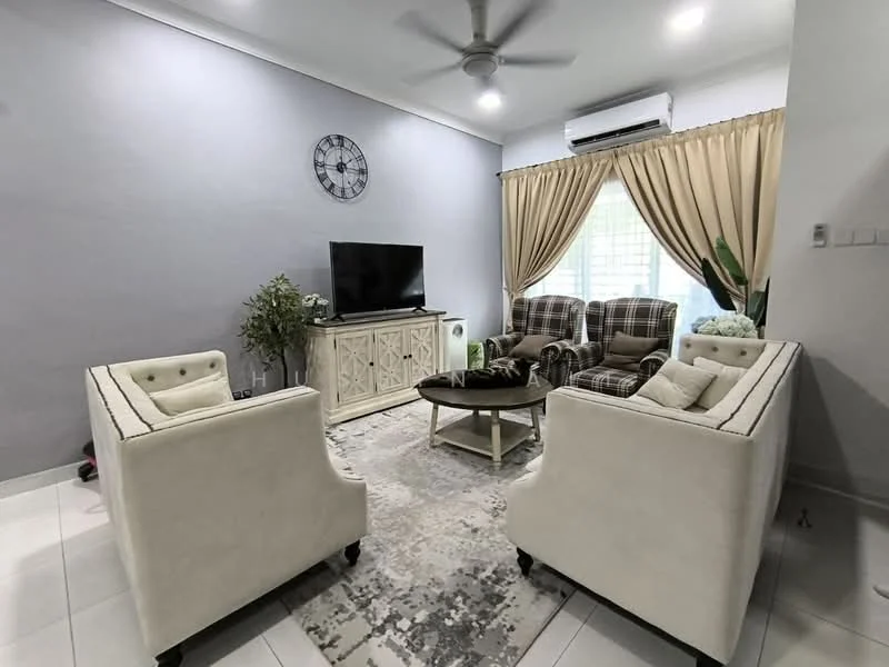 Living features: white painted walls, grey accent wall, tile flooring, 5-blade ceiling fan, wall-mounted TV, TV console, 2 white armchairs, plaid patterned armchairs, round coffee table, area rug with geometric pattern, curtains, decorative plants; style: modern.