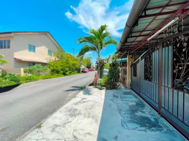 Exterior type: linked terrace house; features: paved walkway, manicured garden, palm trees, metal gate with floral design, single-storey, surrounded by greenery, driveway, street view; style: modern.