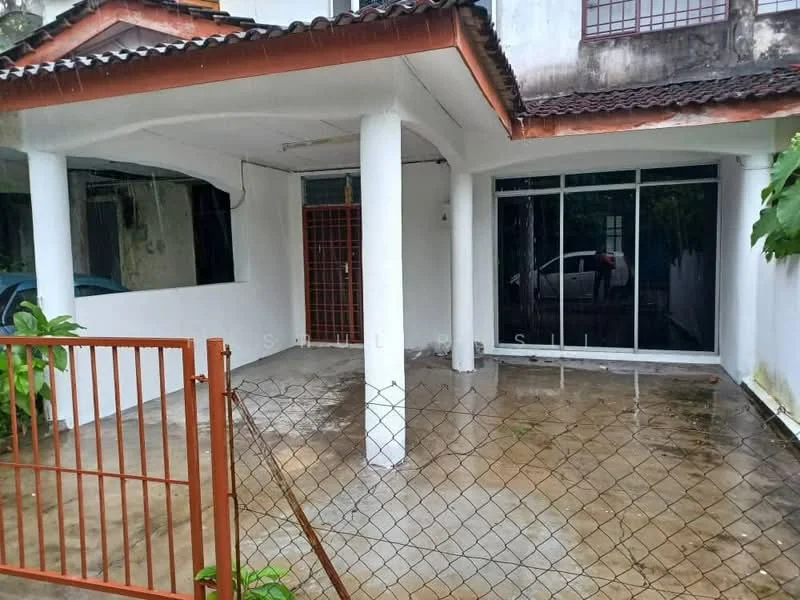 Exterior type: semi-detached house; features: covered porch area, concrete flooring, white painted walls, sliding glass doors, metal security gate, fenced perimeter, overhanging roof, outdoor lighting, landscaped greenery; style: modern.