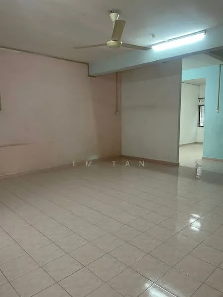 Room features: cream painted walls, white tiled flooring, ceiling fan, natural light from windows, no visible furniture, open layout, neutral color scheme, smooth ceiling; style: minimalist.