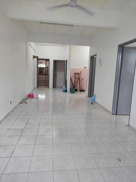 Room features: white painted walls, ceramic tile flooring, ceiling fan, multiple doorways, open layout, natural light from windows, neutral color scheme, clean and uncluttered space; style: minimalist.