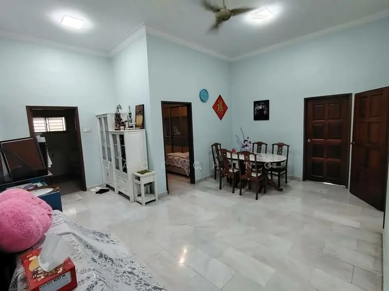 Living features: marble tile flooring, light blue painted walls, white ceiling with recessed lighting, 5-blade ceiling fan, dining table with six chairs, wooden doors, TV console, decorative wall art, window with wooden frame, sofa with white cover; style: traditional. Room features: light blue painted walls, wooden doors, bed visible in adjacent room.