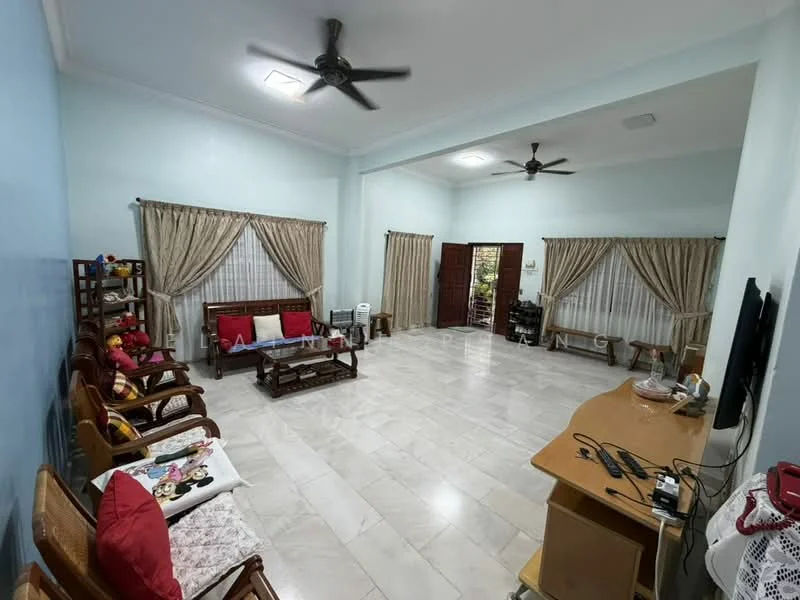 Living features: light blue painted walls, marble tile flooring, 2 ceiling fans, large windows with sheer curtains, wooden coffee table, wooden chairs, decorative cushions, TV console, wall-mounted TV, area rug; style: traditional.
