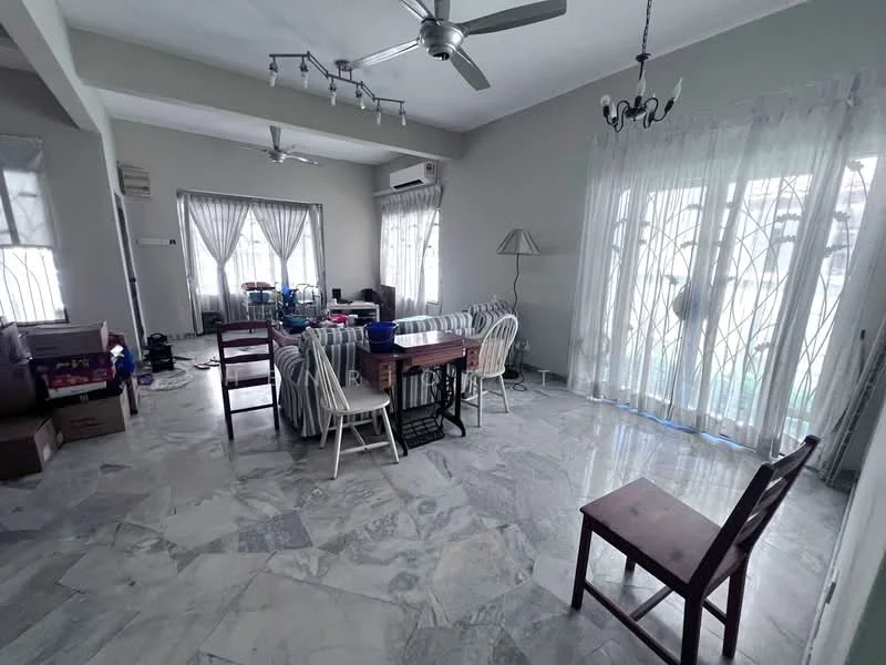 Living features: marble tile flooring, white painted walls, tray ceiling, 5-blade ceiling fan, chandelier, floor-to-ceiling windows, sheer curtains, dining table with chairs, sofa, decorative lamp, boxes and clutter visible; style: modern; view: garden.