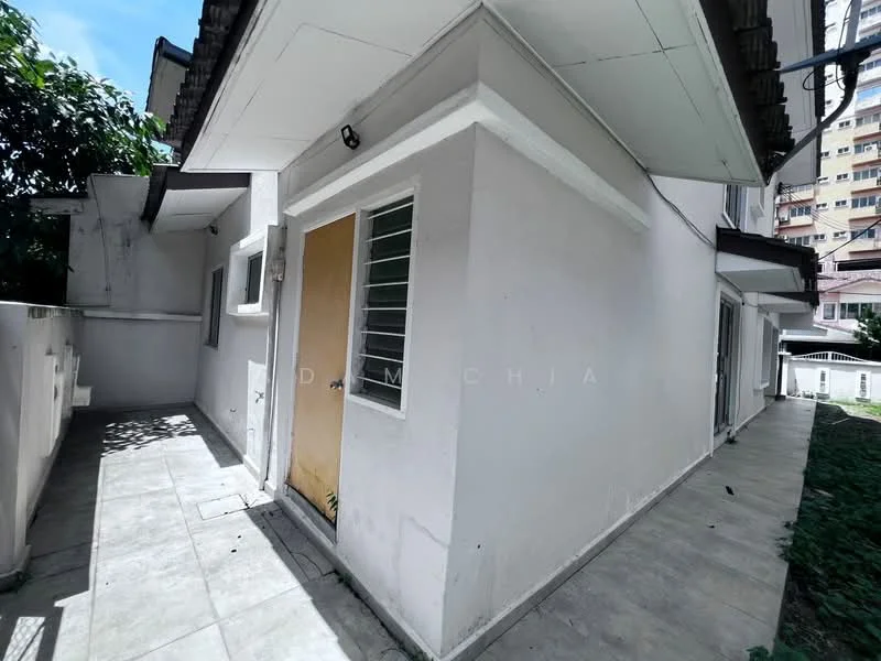 Exterior features: white painted facade, flat roof, tile flooring, side entrance door, windows with metal grilles, surrounding greenery, manicured lawn, exterior wall with no visible cladding; style: modern.