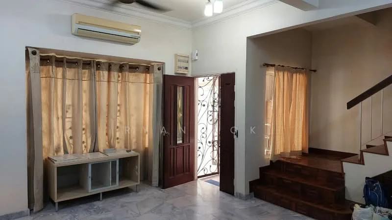 Room features: marble flooring, cream painted walls, ceiling fan, wall-mounted split AC, curtains in beige, wooden door, metal security door, staircase with wooden steps, open shelving unit, light fixtures with multiple bulbs; style: modern.