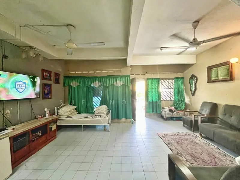 Living features: floor-to-ceiling windows, green curtains, 2-seater leather sofa, 3-seater fabric sofa, TV console, wall-mounted TV, area rug, ceiling fan, light-colored tiled flooring, decorative wall mirror, wooden coffee table, bed with bedding.