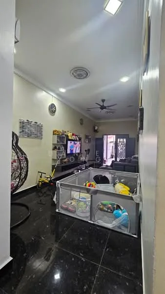 Living features: black polished tile flooring, white painted walls, recessed downlights, 5-blade ceiling fan, wall-mounted TV, TV console, decorative wall clock, hanging wall decor, playpen with toys, sofa, open layout, large entrance door; style: modern.