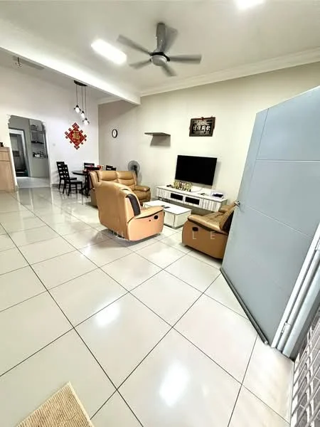 Living features: cream painted walls, glossy white tile flooring, 5-blade ceiling fan with light, wall-mounted TV, TV console, 2-seater leather sofa in beige, 1-seater recliner chairs in beige, coffee table, decorative wall art, dining table with chairs, open layout, natural light from windows, door leading to outside; style: modern.