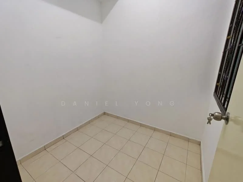 Room features: white painted walls, tile flooring, single window with metal grille, door with knob.