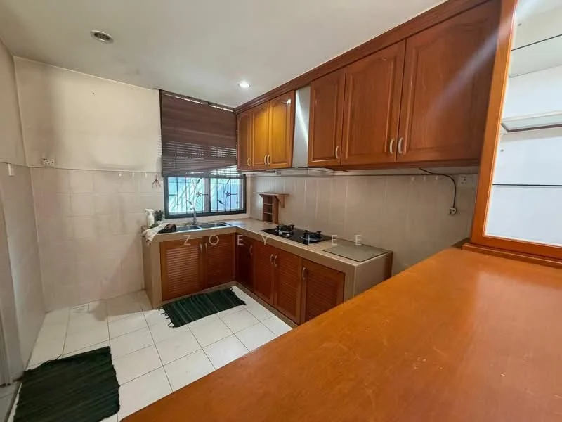 Kitchen features: brown wooden cabinetry, white tiled backsplash, white tiled flooring, double-basin stainless-steel sink, gas stove with two burners, countertop with wooden finish, window with wooden blinds, open shelving, green area rug; style: modern.