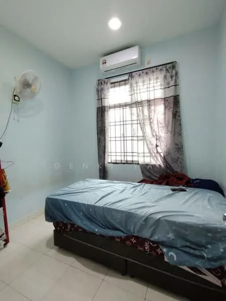Bedroom features: single bed, blue bedspread, wall-mounted air conditioning unit, ceiling fan, window with grid pattern, curtains, light-colored walls, tiled flooring.