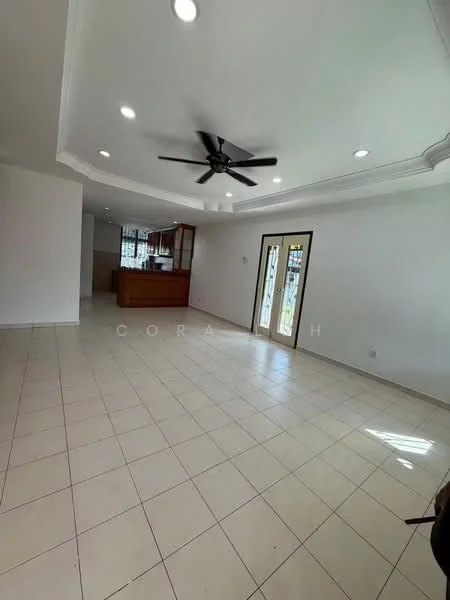 Living features: white painted walls, tile flooring, 5-blade ceiling fan with light, recessed downlights, crown moulding, French doors, large windows, open layout to kitchen; style: modern. Kitchen features: wood cabinetry, kitchen island, open layout to living room; style: modern.