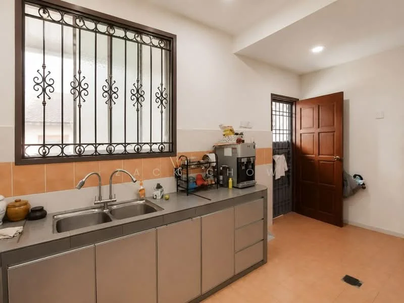 Kitchen features: double-bowl stainless-steel sink, chrome pull-down faucet, grey laminate countertop, wood cabinetry with flat-panel doors, built-in coffee machine, built-in microwave, ceramic tile backsplash, orange ceramic tile flooring, window with decorative grille, door leading to utility area; style: modern.