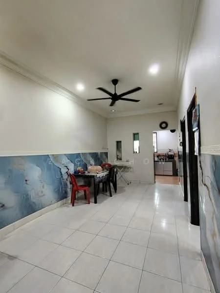 Room features: white painted walls with crown moulding, blue and white marbled wall design, glossy white tile flooring, 5-blade ceiling fan with light, dining table with chairs, kitchen area visible in background, recessed ceiling lights; style: modern.