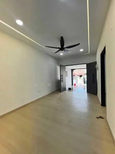 Room features: white painted walls, light wood flooring, 5-blade ceiling fan, recessed LED downlights, sliding glass door, floor-to-ceiling windows, open layout, door with glass panel; style: modern.