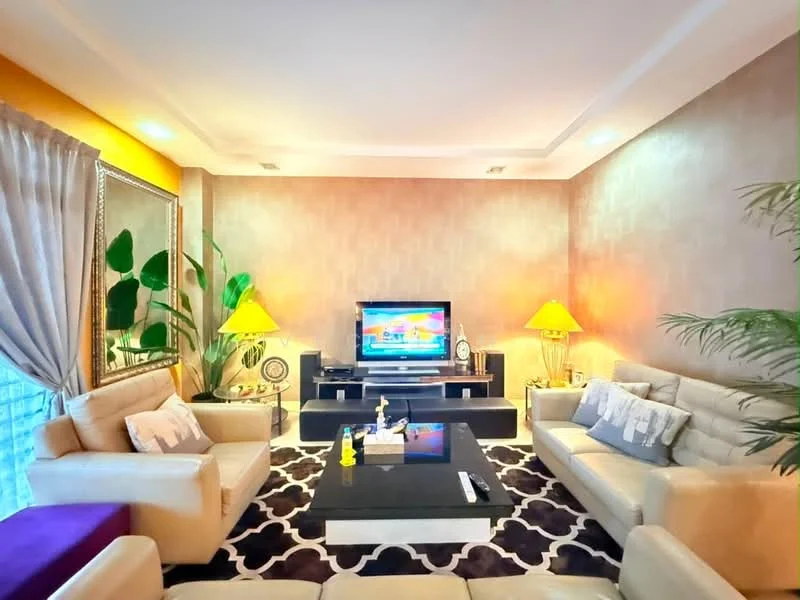 Living features: cream leather sofas, black coffee table, wall-mounted TV, decorative mirror, area rug with geometric pattern, yellow table lamps, potted plants, textured wall finish, curtains, recessed lighting; style: contemporary.