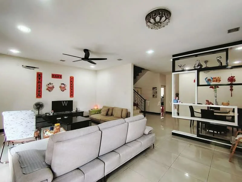 Living features: 3-seater fabric sofa in light grey, 2-seater fabric sofa in beige, coffee table, TV console, wall-mounted TV, 5-blade ceiling fan with light, recessed downlights, cream painted walls, glossy tile flooring, decorative wall art, side table, air conditioning unit; style: modern. Dining features: dining table for 6, upholstered dining chairs, decorative wall art, open layout to living area; style: modern.
