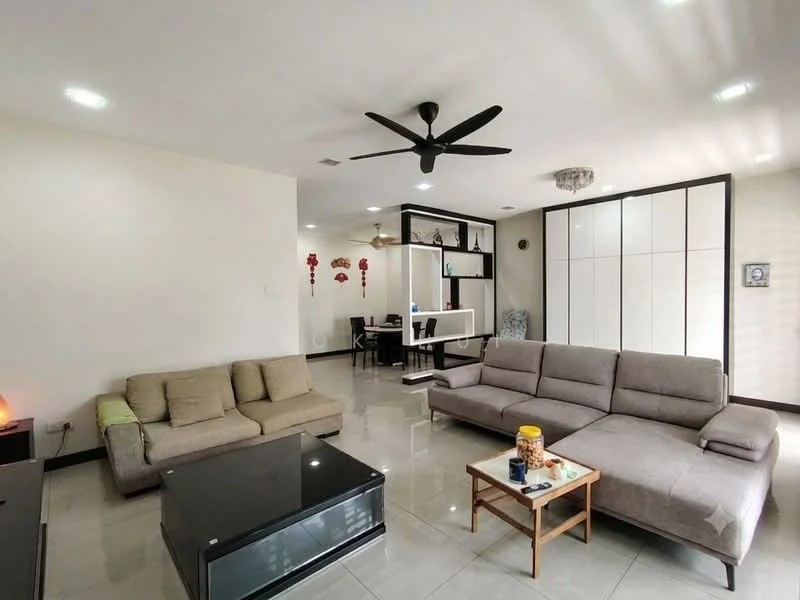 Living features: 3-seater fabric sofa in grey, 2-seater fabric sofa in beige, glass coffee table, wall-mounted TV, ceiling fan with light, recessed downlights, white painted walls, glossy tile flooring, built-in cabinetry with sliding doors, decorative wall art; style: modern.