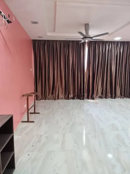 Room features: pink accent wall, brown curtains, marble tile flooring, ceiling fan, recessed lighting, wall-mounted electrical outlet, open space layout, no visible furniture; style: modern.