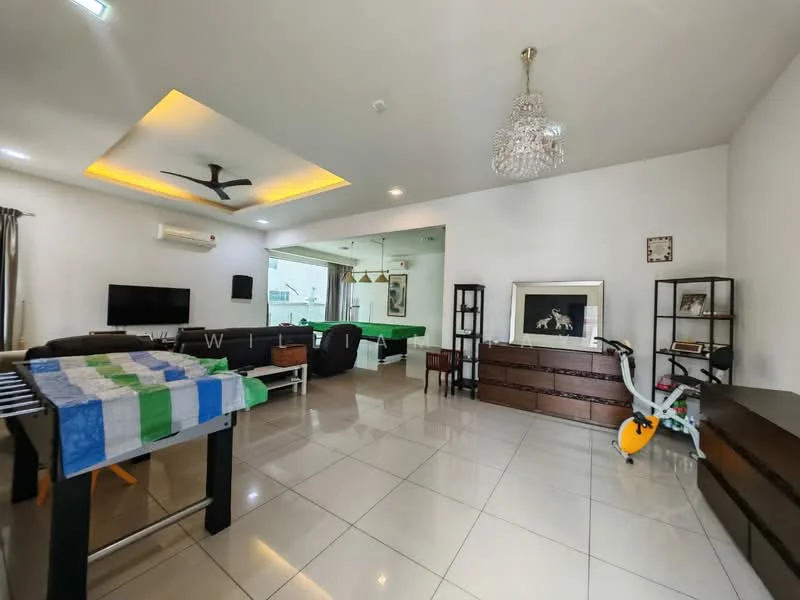 Living features: white painted walls, tray ceiling with recessed lighting, large windows with sheer curtains, polished ceramic tile flooring, 5-blade ceiling fan, chandelier, sofa in dark color, coffee table, entertainment unit, decorative wall art, area rug, pool table, children's tricycle; style: modern.