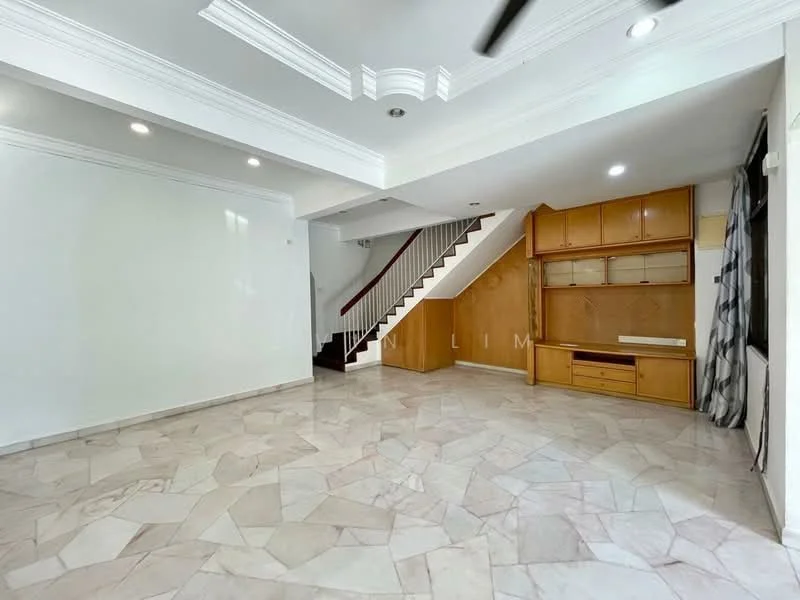 Living features: white painted walls, marble flooring, tray ceiling, recessed downlights, ceiling fan, wooden staircase, built-in wooden cabinet, large window with curtain; style: modern.