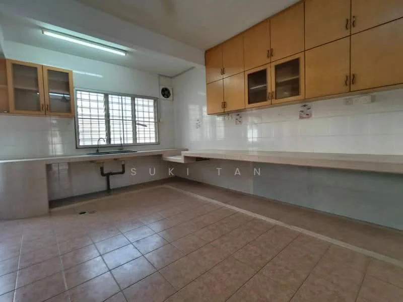 Kitchen features: light brown wooden cabinetry, white tiled backsplash, grey countertop, single-bowl stainless-steel sink, window with metal grille, tile flooring in beige, fluorescent ceiling light, open layout with counter space; style: modern.