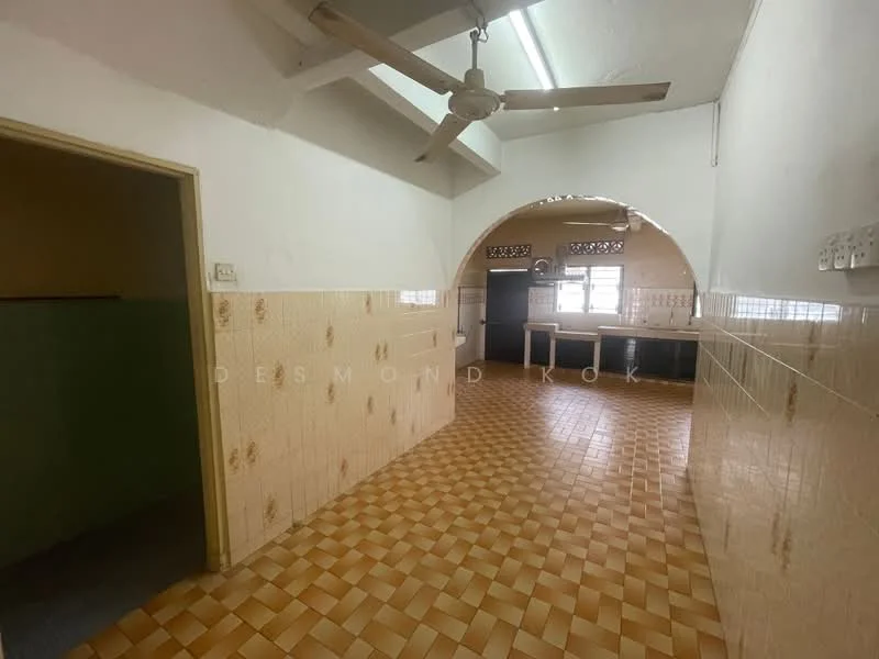 Kitchen features: cream tiled walls, beige tiled flooring, 5-blade ceiling fan, window with natural light, kitchen cabinetry, countertop, open layout, wall-mounted shelves. Room features: cream painted walls, beige tiled flooring.