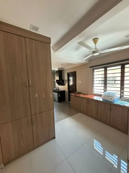 Room features: wooden cabinetry, white walls, ceiling fan, large windows with horizontal slats, glossy tile flooring, open layout, exposed beams on ceiling, kitchen area visible in background; style: modern.