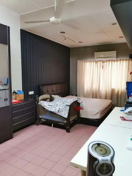 Bedroom features: queen-size bed, upholstered headboard, bedside table, built-in wardrobe with sliding doors, ceiling fan, wall-mounted air conditioning unit, curtains, pink tiled flooring, decorative wall with dark wood paneling, white walls; style: modern.