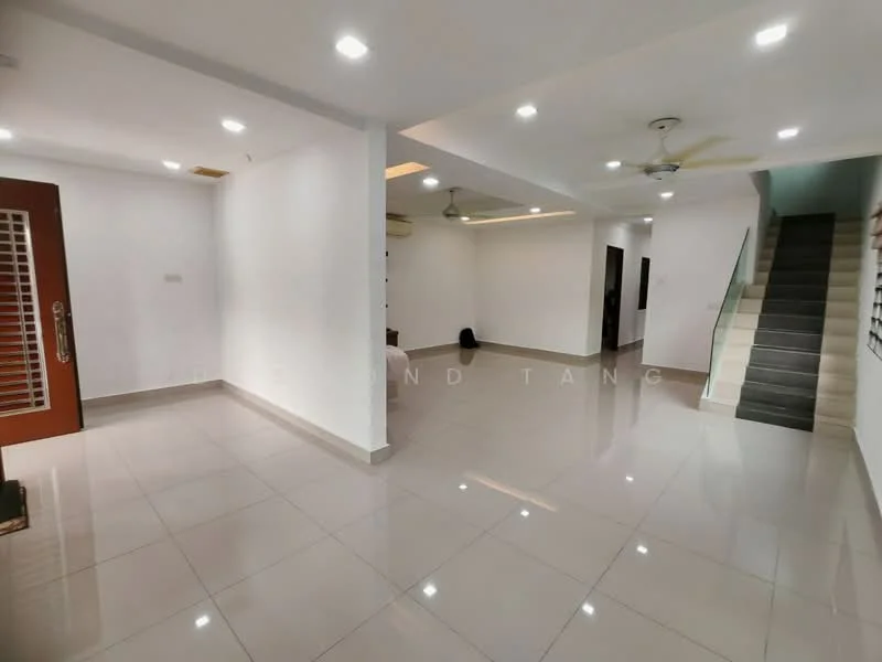 Room features: white painted walls, glossy ceramic tile flooring, recessed LED downlights, 2 ceiling fans, staircase leading to upper floor, open layout, air conditioning unit, door with security grille; style: modern.