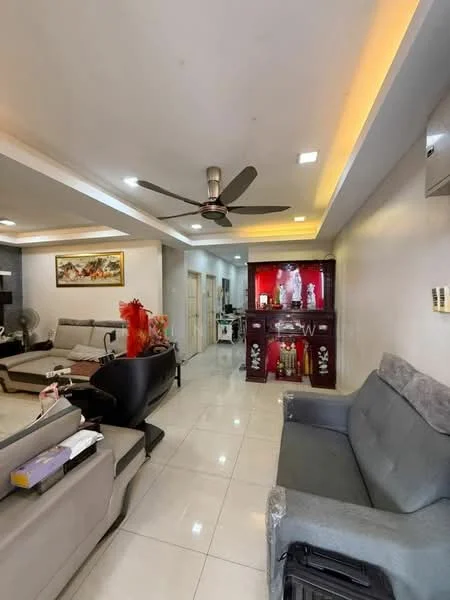 Living features: 5-blade ceiling fan with light, recessed LED downlights, grey fabric sofa, black leather sofa, coffee table, TV console, wall-mounted TV, white tiled flooring, decorative wall with artwork, built-in cabinetry, air conditioning unit; style: modern. Room features: open layout, light-colored walls, doorway leading to kitchen, decorative cabinet with figurines.