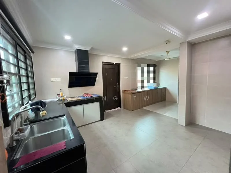 Kitchen features: single-bowl stainless-steel sink, chrome pull-down faucet, black kitchen cabinetry, white countertop, built-in oven, stainless-steel range hood, 4-burner gas hob, ceramic tile flooring, recessed downlights, window with black grille, open layout to adjacent room; style: modern.