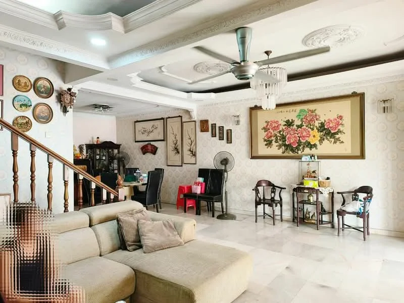 Living features: cream painted walls with floral wallpaper, marble flooring, tray ceiling with decorative moulding, 5-blade ceiling fan with light, chandelier, sofa in beige fabric, coffee table, decorative wall art, wooden staircase, wooden chairs, dining table with chairs, standing fan; style: traditional.
